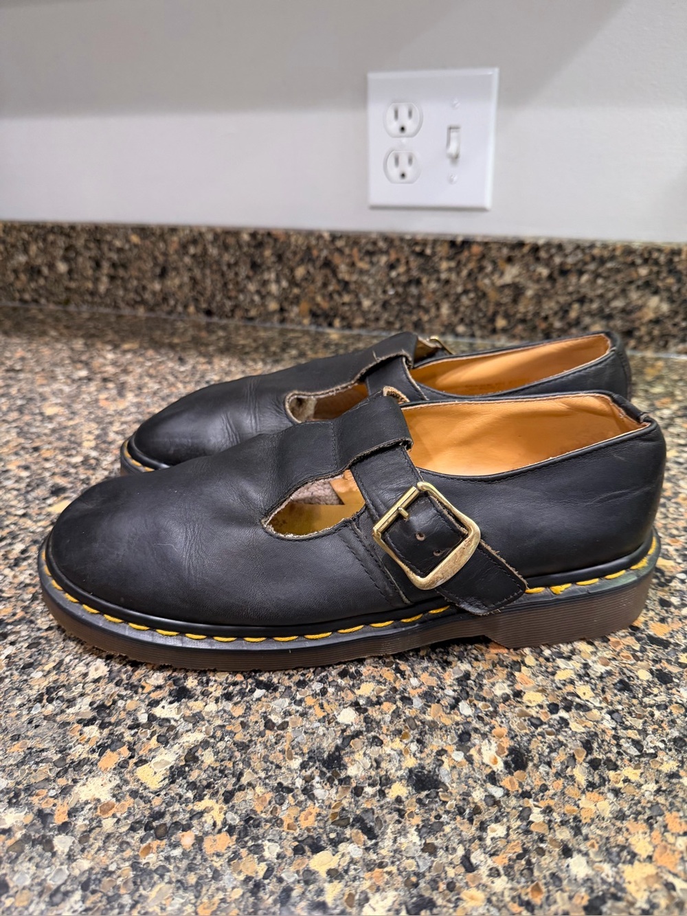 Vintage dr Martens Black Leather Mary Jane Flats with Yellow Stitching